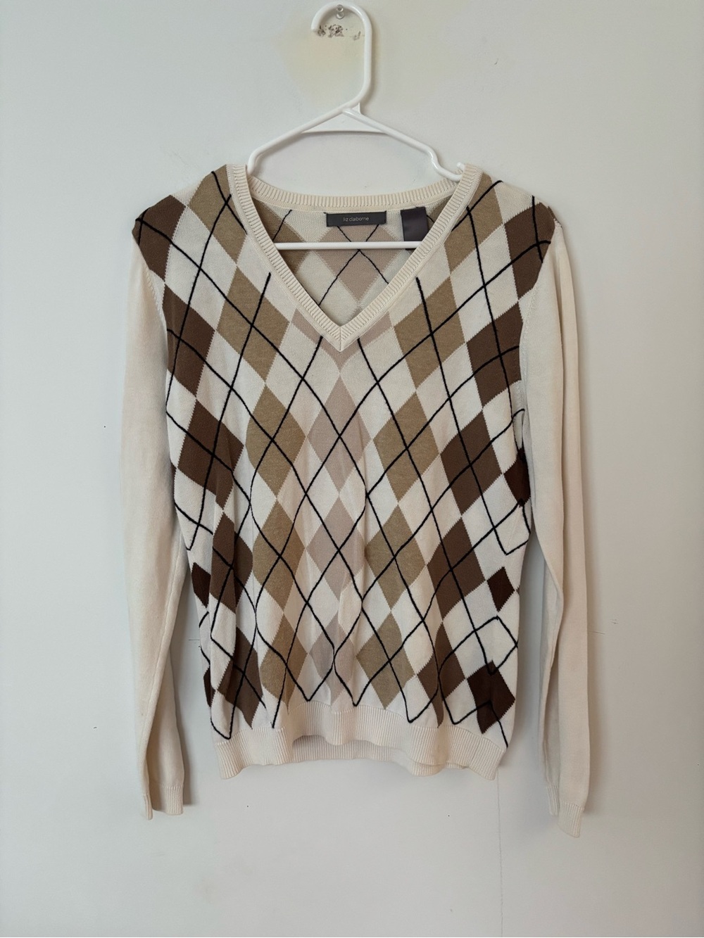 vintage 90s liz claiborne cream, beige & brown argyle knit v neck fall sweater 🤎